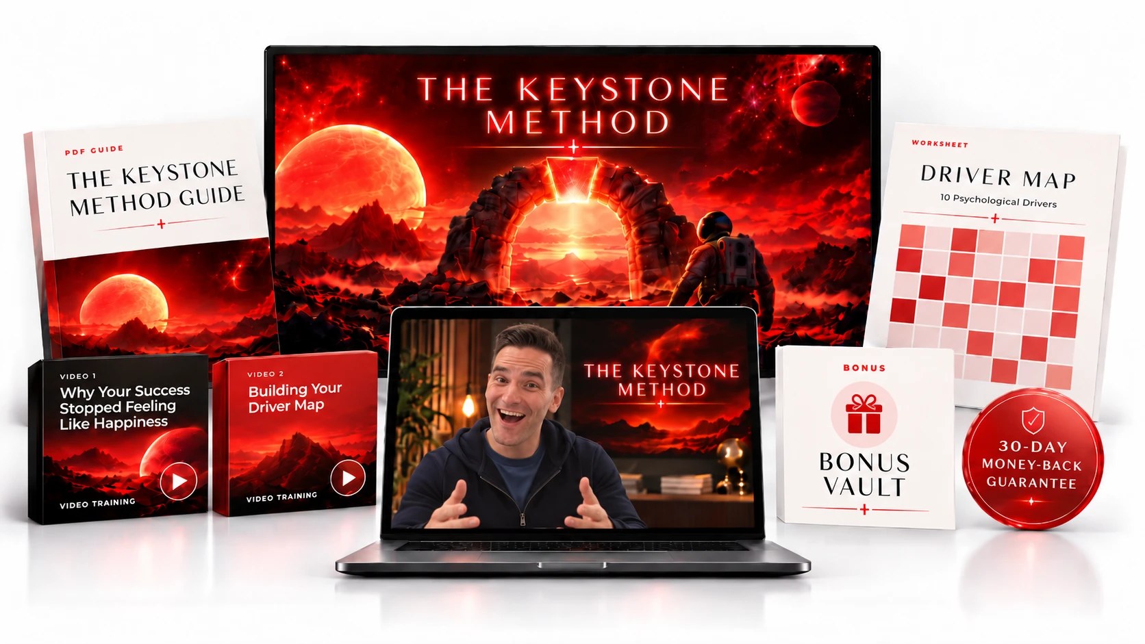 The Keystone Method mini-course: two video trainings, the PDF Guide, the Driver Map worksheet, the Bonus Vault, and a 30-day money-back guarantee